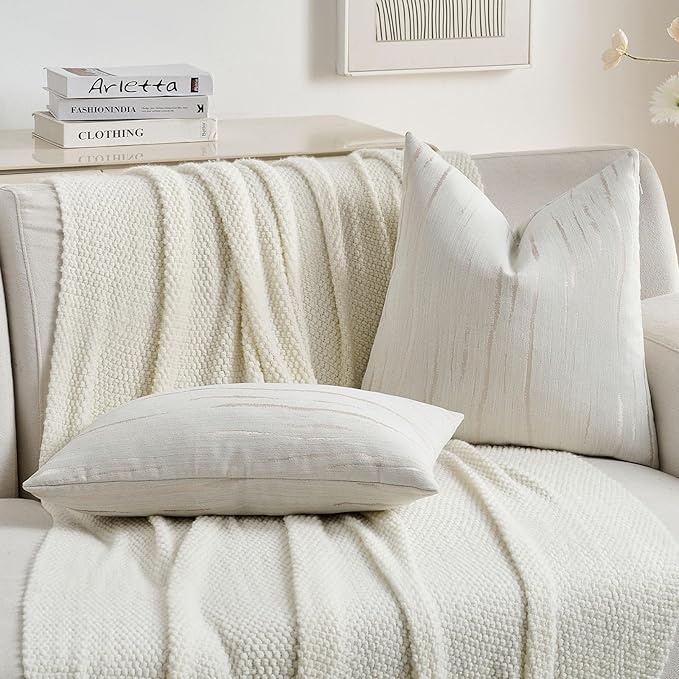 FUTEI Cream Chenille Decorative Throw Pillow Covers 20x20 Inch Set of 2,Soft Embossed Striped Textured Cushion Case,Modern Home Decor for Couch Bed Living Room
