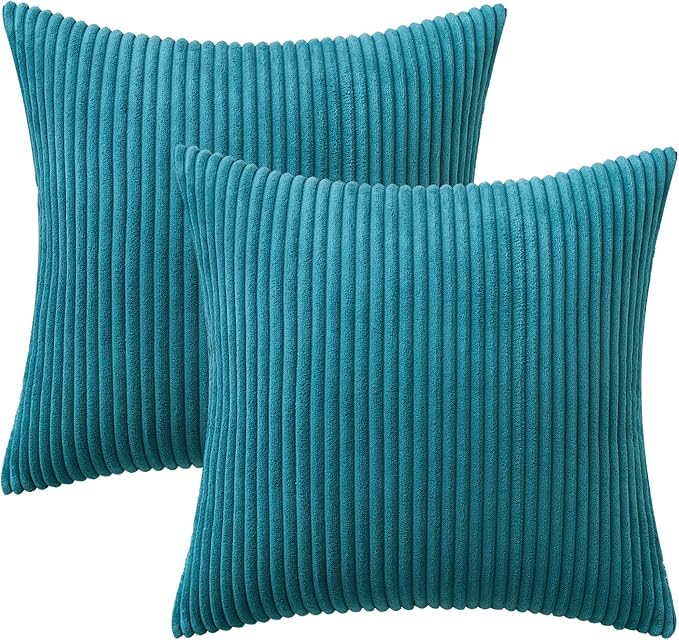 MIULEE Pack of 2 Teal Corduroy Pillow Covers Soft Boho Striped Throw Pillow Covers Set Decorative Square Cushion Cases Pillowcases for Sofa Bedroom Couch 16 x 16 Inch