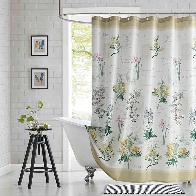 Fabric Shower Curtain, Country Vintage Floral Shower Curtain, Gold and Green Flower Shower Curtains for Bathroom, Waterproof Bathroom Curtains, 72" W x 72" H