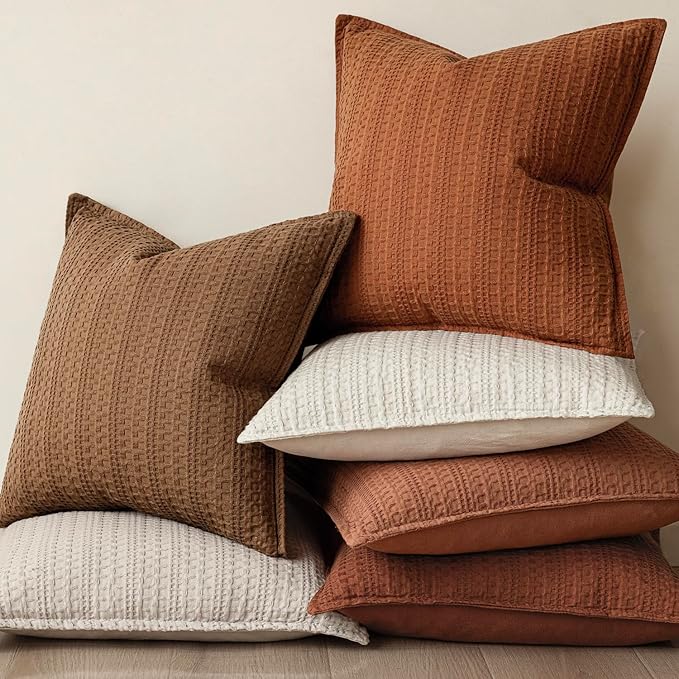 Foindtower Set of 2 Decorative Cotton Waffle Weave Throw Pillow Covers Euro Shams Cushion Covers Accent European Pillowcase for Bed Couch Sofa Bedroom Living Room Home Decor 22×22 Inch Burnt Orange