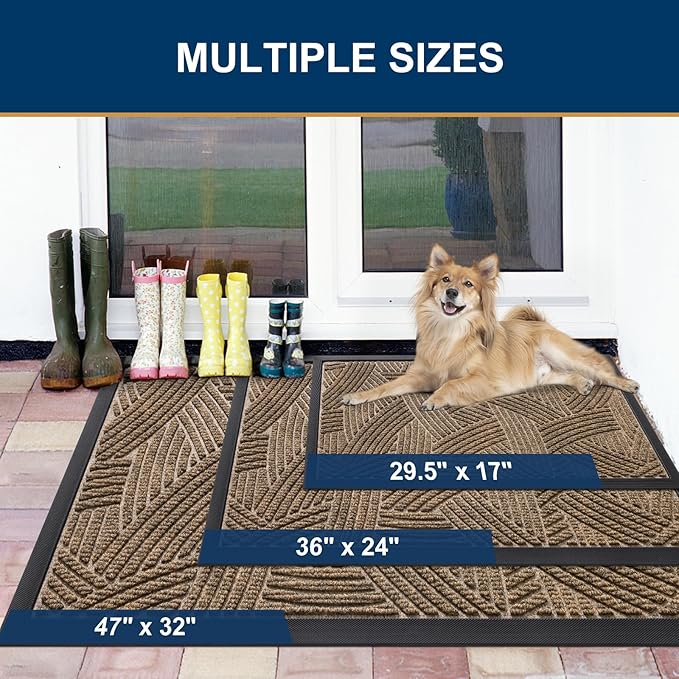 Smiry Front Door Mat Indoor Outdoor Entrance, Heavy Duty Natural Rubber, Sturdy Trap Dirt, Moisture Doormat and Easy Clean Low Profile Patio Porch Entryway Mat, 36x24 Inch, Brown/Geometric