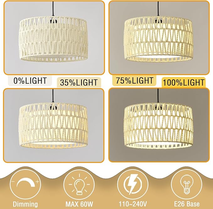 Boho Rattan Chandelier Light Fixture, 1-Lights Farmhouse Pendant Light Hand Woven Chandeliers for Dining Room with Fabric Shade Rustic Chandeliers Hanging Light Fixtures for Kitchen Island