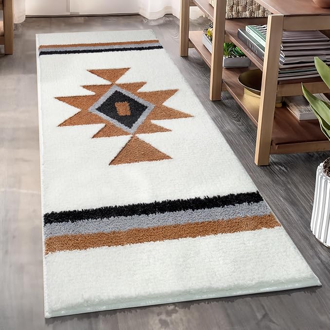 Boho Bath Rug, Non-Slip Shaggy Soft Absorbent Large Carpet for Shower Entryway, White 24x47
