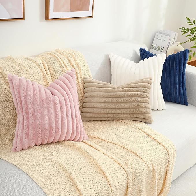 decorUhome Fall Faux Fur Throw Pillow Covers 12x20 Set of 2, Decorative Soft Plush Striped Neutral Couch Euro Pillow Covers with Velvet Back for Sofa, Bed, Living Room Home Decor, Light Khaki Brown