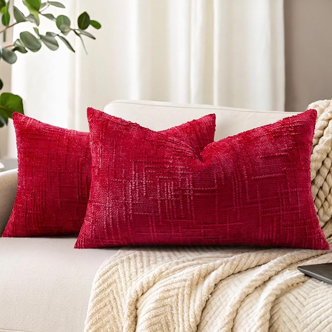 decorUhome Christmas Red Chenille Throw Pillow Covers 12x20 Set of 2 Thick Textured Slubby Couch Pillow Covers Farmhouse Accent Modern Neutral Decorative Pillow Cases for Bed Sofa Living Room