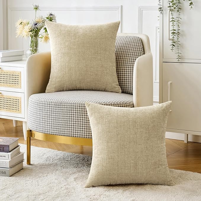 MIULEE Pack of 2 Beige Throw Pillow Covers 20x20 Inch Soft Chenille Pillow Covers for Sofa Living Room Couch Solid Dyed Cases