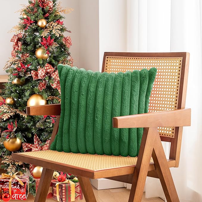Christmas Dark Green Faux Fur Plush Throw Pillow Covers 16x16 Set of 2 Fuzzy Striped Soft Cozy Pillowcase Luxury Decorative Pillows Square Fluffy Cushion Covers for Couch Sofa Bed