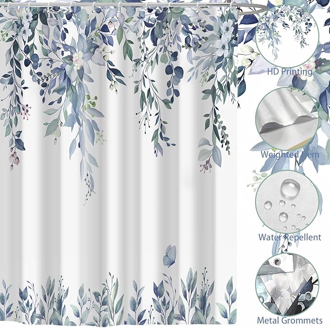Eucalyptus Shower Curtain, Blue Watercolor Leaves with Floral Botanical Bathroom Decor, Waterproof Fabric Bath Curtain Set with Hooks, 72x78 Inches