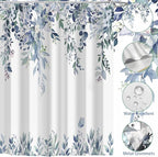 Eucalyptus Shower Curtain, Blue Watercolor Leaves with Floral Botanical Bathroom Decor, Waterproof Fabric Bath Curtain Set with Hooks, 72x72 Inches
