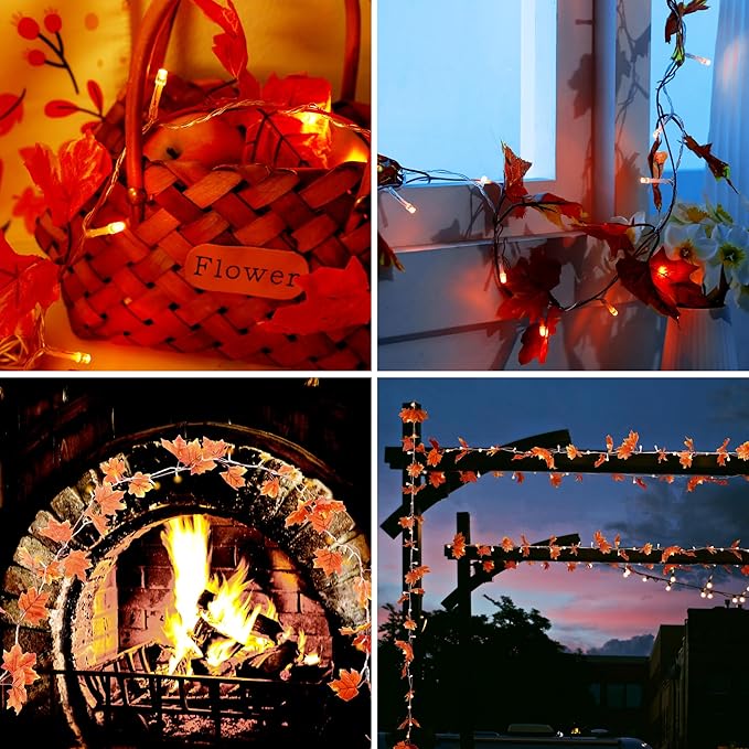 VCOKEN Fall Maple Leaf Garland - Outside Fall Decor with Battery Operated - Outdoor Decor Garlands with 24 Warm Lights for Home Holiday Autumn Garland Indoor Table Door