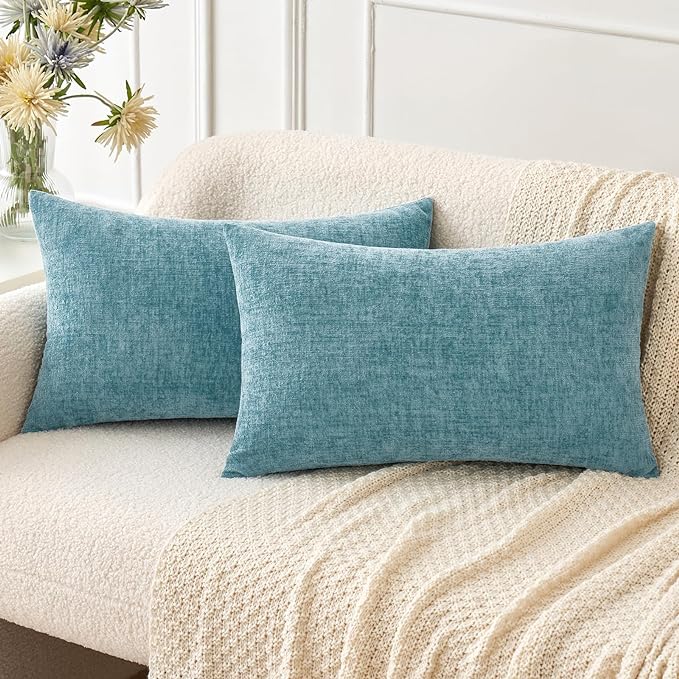 MIULEE Pack of 2 Couch Throw Pillow Covers 12x20 Inch Soft Smoke Blue Chenille Pillow Covers for Sofa Living Room Solid Dyed Pillow Cases