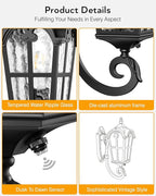 VIANIS Black Dusk to Dawn Outdoor Lighting, Vintage Outdoor Sconce Lights with Water Ripple Glass, 100% Aluminium Anti-Rust Waterproof Patio Wall Light Fixture, Outside Porch Lantern for House Garage