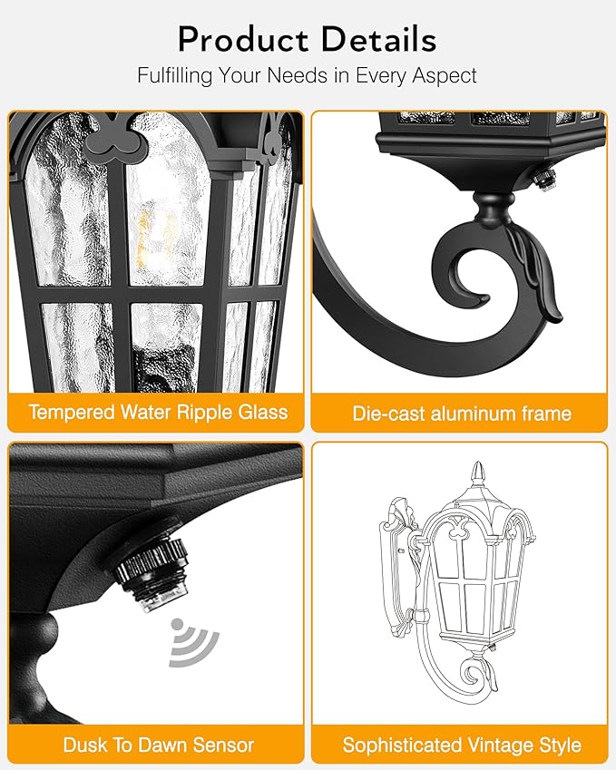 VIANIS Black Dusk to Dawn Outdoor Lighting, Vintage Outdoor Sconce Lights with Water Ripple Glass, 100% Aluminium Anti-Rust Waterproof Patio Wall Light Fixture, Outside Porch Lantern for House Garage