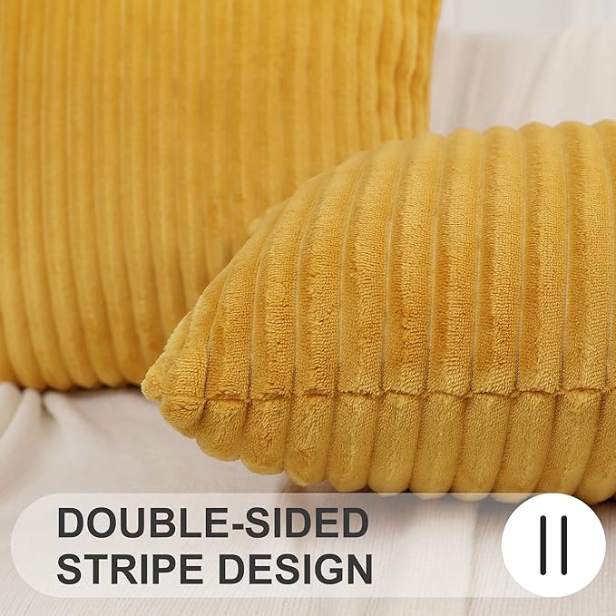 Simmore Decorative Fall Throw Pillow Covers 18x18 Set of 2, Soft Natural Plush Flannel Double-Sided Fluffy Couch Pillow Covers for Sofa Living Room, Mustard Yellow