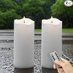 2pack 4"*10" Waterproof Outdoor Flameless Candles with Remote & Timer, Plastic Battery Operated LED Flickering Pillar Candles for Camping, Weddings, White