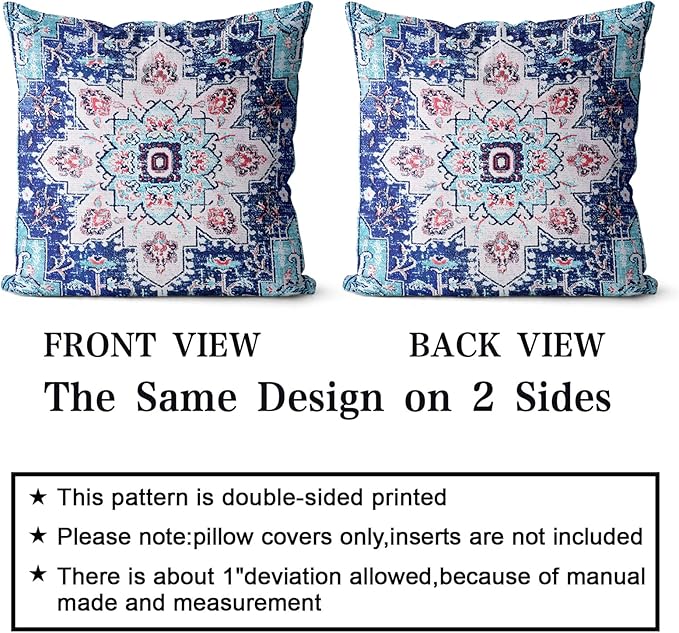 Snycler Ethnic Pattern Blue Boho Pillow Cover 18x18 Inch Set of 2 Southwest Farmhouse Double Sided Pillow Cover Home Decor Cotton Throw Soft Pillow Case Cushion Cover for Sofa Couch