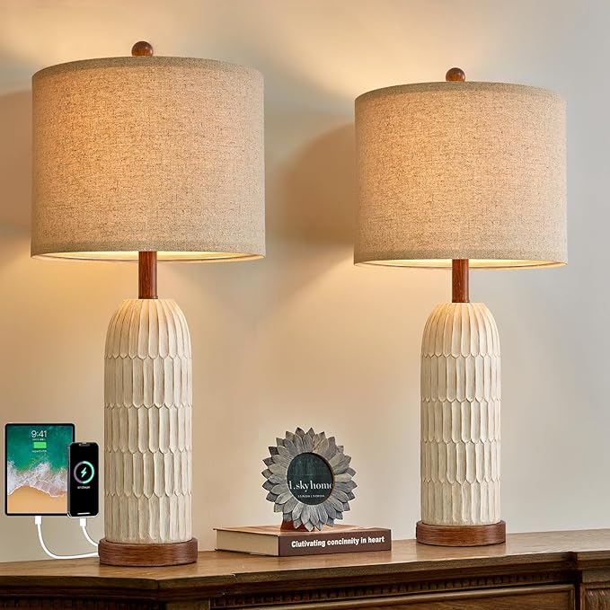 OYEARS 26.5" Table Lamps Set of 2 with USB A+C Charging Ports for Bedroom Living Room Farmhouse Bedside End Lamps Rustic Nightstand Lamps, Brown