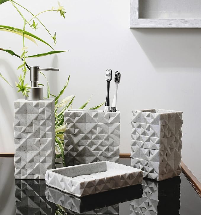 Hymmah Bathroom Accessories Set,Toothbrush Holder,Farmhouse Bathroom Decor,4 Pcs Resin Gift Set Apartment Necessities, Contain Toothbrush Cup,Soap Dispenser,Soap Dish,Tumbler