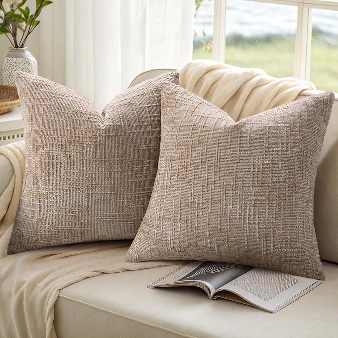 decorUhome Fall Oatmeal Chenille Throw Pillow Covers 18x18 Set of 2 Thick Textured Slubby Couch Pillow Covers Farmhouse Accent Modern Neutral Decorative Pillow Cases for Bed Sofa Living Room