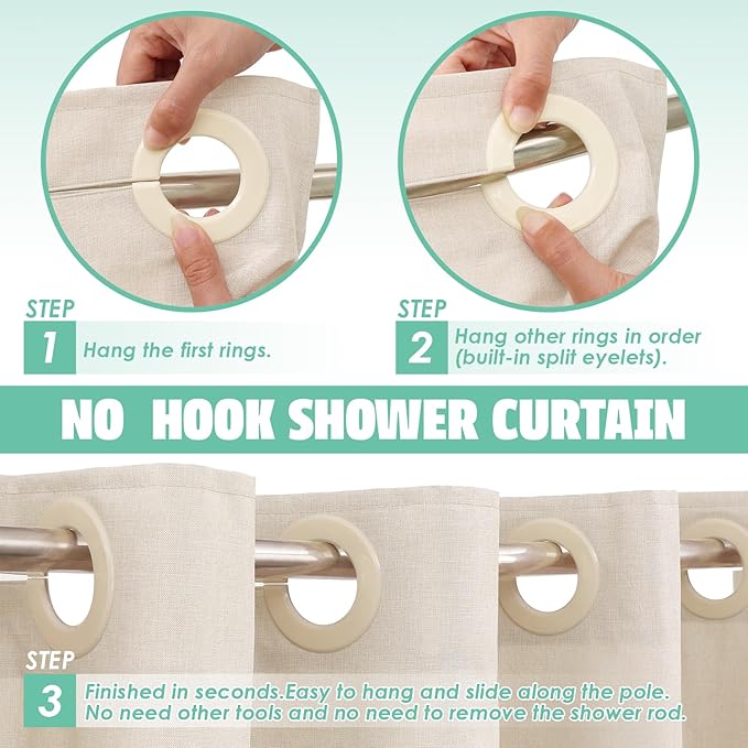 Hookless Linen Textured Shower Curtain Set, Hotel Luxury Style Cream Shower Curtain with See Through Top Window, Machine Washable & Water Repellent, 72W x 72L