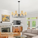 8-Light 39" Black with Fabric Shades Chandelier Farmhouse Linear Island Lighting Fixture Large Adjustable Pendant Lighting Fixtures for Living Room Kitchen Island Dining Room