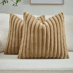 FUTEI Camel Striped Decorative Throw Pillow Covers 24x24 Inch Set of 2,Square Winter Decorations Couch Euro Pillow Case,Soft Cozy Faux Rabbit Fur & Velvet Back,Modern Home Decor for Bed