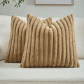 FUTEI Camel Striped Decorative Throw Pillow Covers 18x18 Inch Set of 2,Square Winter Decorations Couch Pillow Case,Soft Cozy Faux Rabbit Fur & Velvet Back,Modern Home Decor for Bed