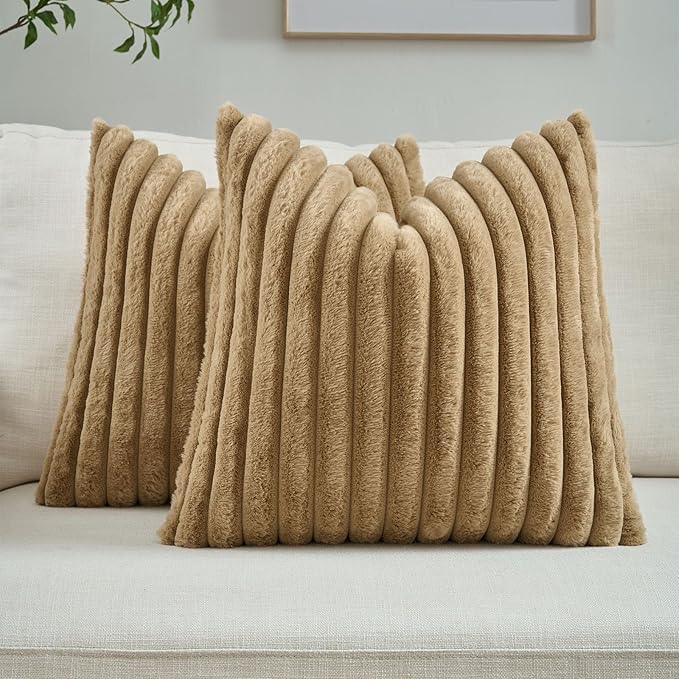 FUTEI Camel Striped Decorative Throw Pillow Covers 16x16 Inch Set of 2,Square Winter Decorations Couch Pillow Case,Soft Cozy Faux Rabbit Fur & Velvet Back,Modern Home Decor for Bed