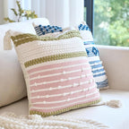 18x18 Boho Pink and Green Decorative Pillow Cover with Cording and Tassels Handmade Accent Woven Textured Square Throw Pillow Case for Couch Sofa Farmhouse Living Room Home Decor