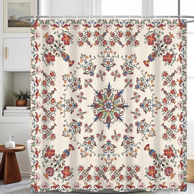 Boho Shower Curtain Floral Pattern Fabric Curtain for Bathroom Plant Theme Religion Floral Shower Curtain Sets Waterproof Decor 72x84Inch