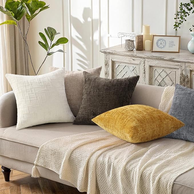 decorUhome Mustard Yellow Chenille Throw Pillow Covers 12x20 Set of 2 Thick Textured Slubby Couch Pillow Covers Farmhouse Accent Modern Neutral Decorative Pillow Cases for Bed Sofa Living Room