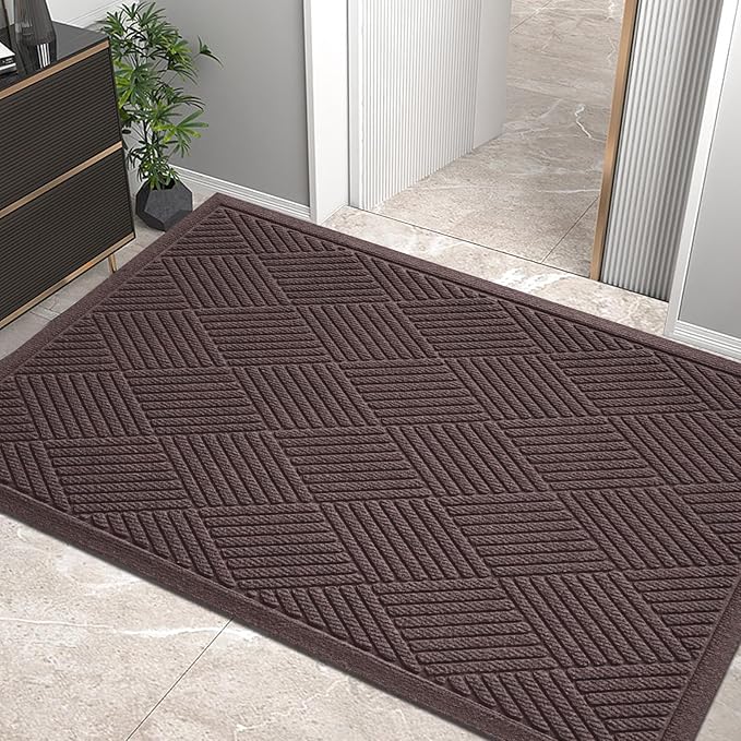 Sturdy Front Door Mat, Absorbent Muddy Dirt Resist Welcome Door Mats Outdoor Indoor, Stain and Fade Resistant, Non-Slip Rubber Backing Low Profile Doormat for Entryway, 60×36, Coffee