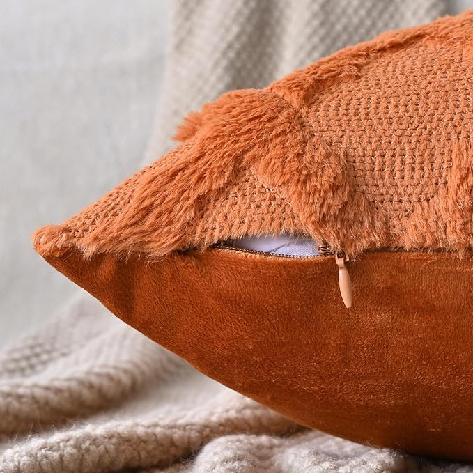 Set of 2 Soft Moroccan Throw Pillow Covers 16x16 Inch Plush Boho Decorative Pillow Cover Accent Cushion Case for Couch Sofa Bed, Burnt Orange