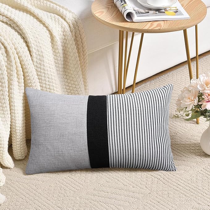 Adabana Stripe Pillow Covers 12x20 Set of 2 Square Patchwork Linen Decorative Lumbar Throw Pillow Covers Modern Farmhouse Decor Pollowcases for Couch Sofa Bedroom,Grey Stripe