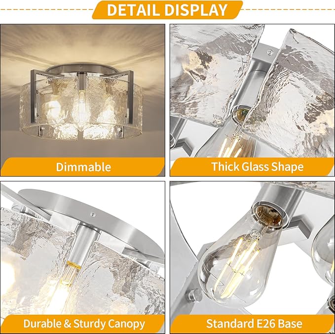 18.5'' Modern Brushed Nickel Semi Flush Mount Ceiling Light, Hallway Light Fixtures, 4-Light Glass Ceiling Lights for Entryway Kitchen Dining Room Foyer Bedroom Living Room Lighting Fixtures,UL-Listed