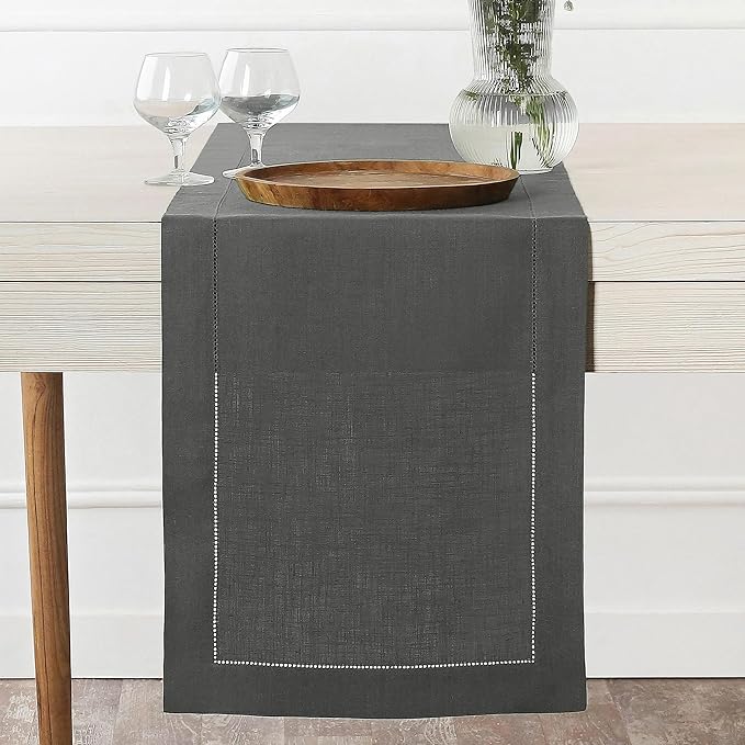 D'Moksha Homes Linen Charcoal Grey Table Runner 132 Inches Long - 100% Pure Linen Extra Long Table Runner 14 x 132 Inch for Fall, Autumn and Halloween - Classic Hemstitch