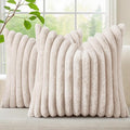decorUhome Faux Fur Throw Pillow Covers 22x22 Set of 2, Decorative Soft Plush Striped Neutral Couch Euro Pillow Covers with Velvet Back for Sofa, Bed, Living Room Home Decor, Beige