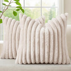 decorUhome Faux Fur Throw Pillow Covers 18x18 Set of 2, Decorative Soft Plush Striped Neutral Couch Euro Pillow Covers with Velvet Back for Sofa, Bed, Living Room Home Decor, Beige