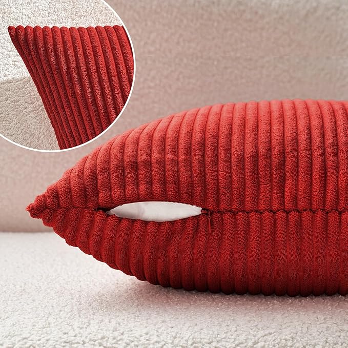 MIULEE Pack of 2 Corduroy Pillow Covers Soft Soild Striped Christmas Throw Pillow Covers Set Decorative Square Cushion Cases Pillowcases for Cushion Couch Sofa Bedroom Living Room 16 x 16 Inch Red