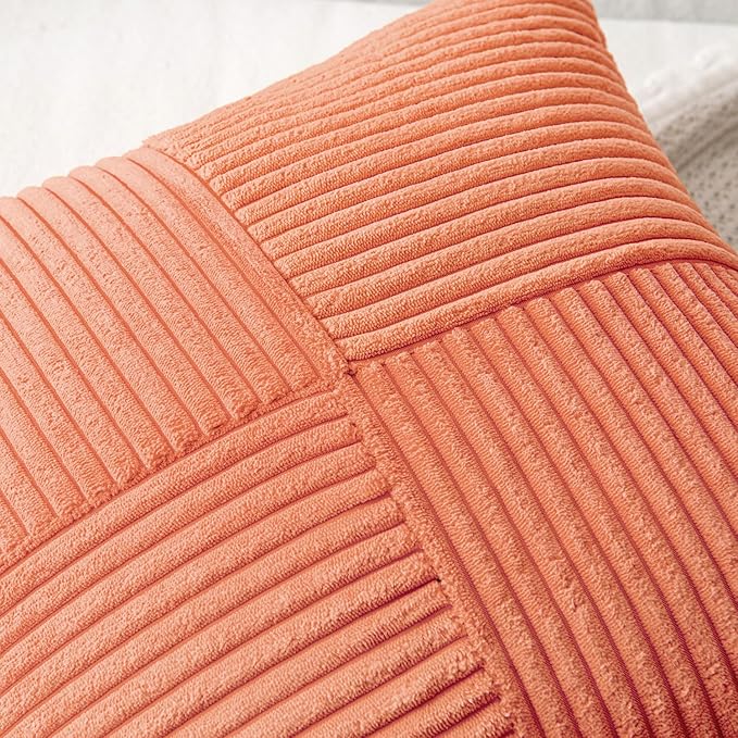 MIULEE Coral Red Corduroy Pillow Covers Pack of 2 Boho Decorative Spliced Throw Pillow Covers Soft Solid Couch Pillowcases Cross Patchwork Textured Cushion Covers for Living Room Bed Sofa 20x20 inch