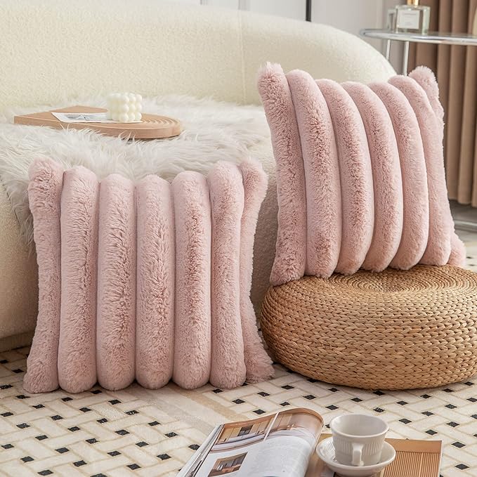 Neelvin Pink Faux Fur Cozy Soft Striped Decorative Throw Pillow Covers 12x20 inch Set of 2,Velvet Pillowcase Cushion Case for Sofa Couch