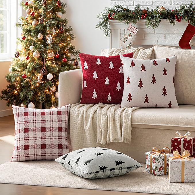 MIULEE Christmas Decorative Chenille Throw Pillow Covers, 18x18 Inch, Red White Tree, Set of 2 Cute Trees with Plaid Patterns Pillows for Sofa Couch Bedroom Chair Xmas Home Decor
