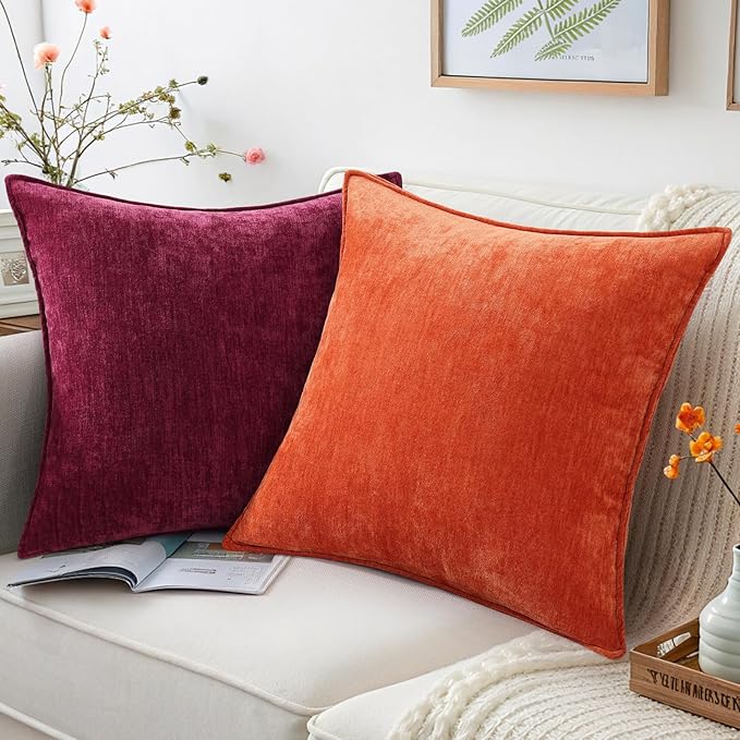 decorUhome Christmas Couch Throw Pillow Covers 24x24 Set of 2, Decorative Soft Euro Neutral Chenille Pillow Covers with Elegant Design for Sofa Bed Living Room Home Decor, Rhododendron