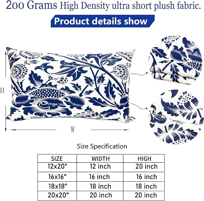 Decorative Throw Pillow Covers Set of 2 Blue Pillow Covers 12x20 inch Short Plush Square Pillows Cover Floral Throw Pillows,Farmhouse Outdoor Pillow Covers for Couch Sofa Bed Living Room