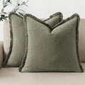 Woaboy Decorative Linen Fringe Throw Pillow Covers Boho Farmhouse Soft Cushion Covers Accent Pillowcases with Tassels Christmas Home Decor for Livingroom Couch Sofa Bed,18x18 Inch Set of 2,Olive Green
