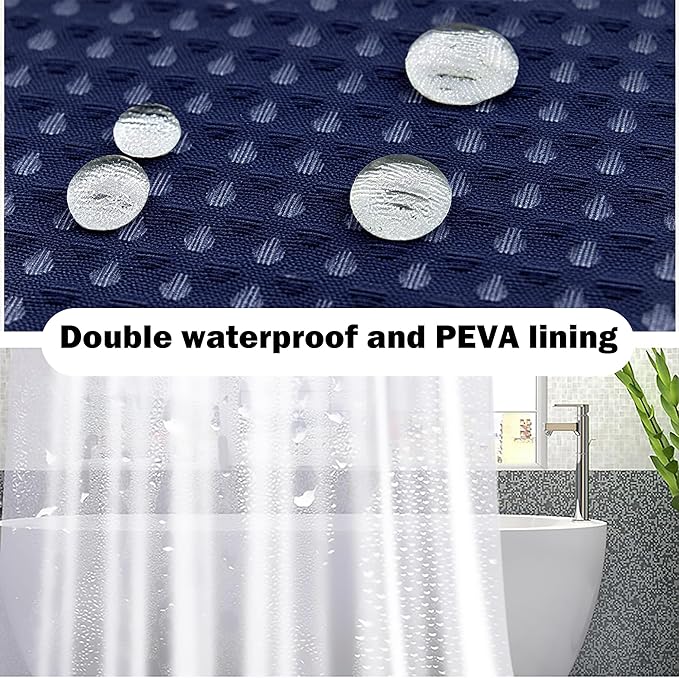 Navy Blue Bathroom Set, 25 PCS Bathroom Accessories Set with Shower Curtains, Rugs, Trash Can, Toothbrush Holder, Soap Dispensers, Toothbrush Cup, Vanity Tray, Soap Dish, Toilet Brush, Qtip Holders
