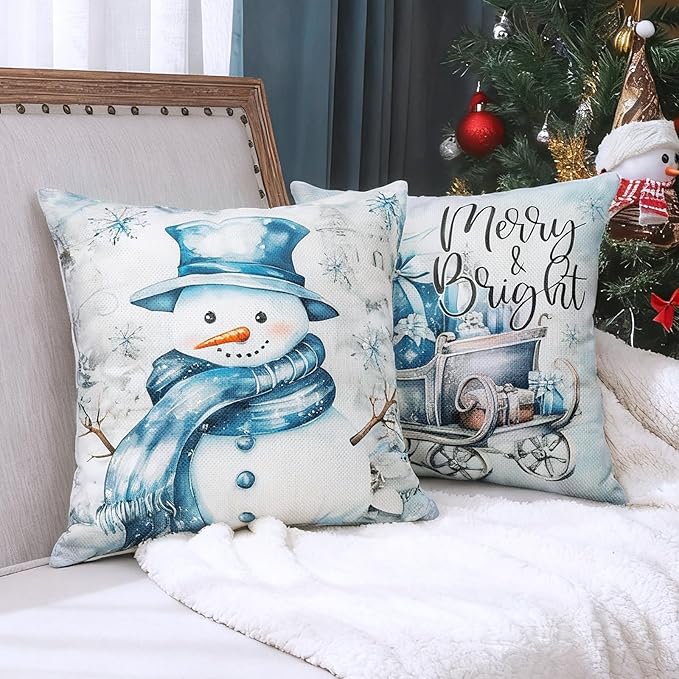 Christmas Throw Pillow Covers 16x16 Set of 4,Merry Christmas Tree Reindeer Sleigh Snowman Blue and White Xmas Winter Holiday Decorative Pillowcase Farmhouse Home Decor for Sofa Couch Cushion