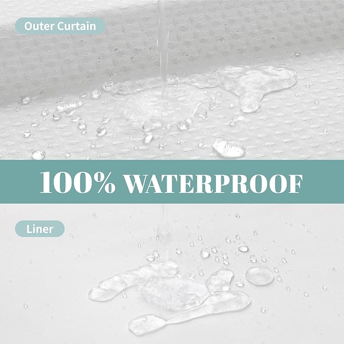 White Extra Long No Hook Waffle Weave Shower Curtain with snap-in Liner Replacement, 230GSM Waterproof Fabric Hotel Shower Curtain Set for Bathroom, Through Mesh Top Window,71Wx98H