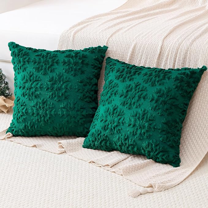 OTOSTAR Set of 2 Xmas Soft Plush Short Wool Velvet Decorative Throw Pillow Covers Square Luxury Style Cushion Case Pillow Shell for Sofa Bedroom Snowflake Green, 28x28 Inch