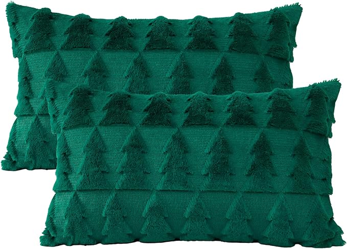 OTOSTAR Set of 2 Xmas Soft Plush Short Wool Velvet Decorative Throw Pillow Covers Rectangular Luxury Style Cushion Case Pillow Shell for Sofa Bedroom Christmas Tree Green, 12x20 Inch